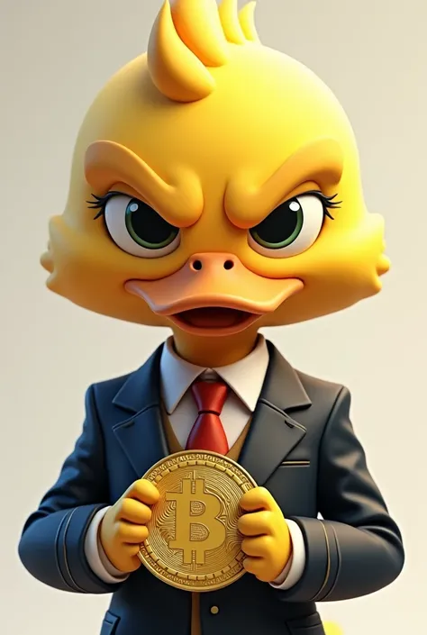 Yellow male Duck in Suit with biting crypto coin and @Pennypop written on Badge 