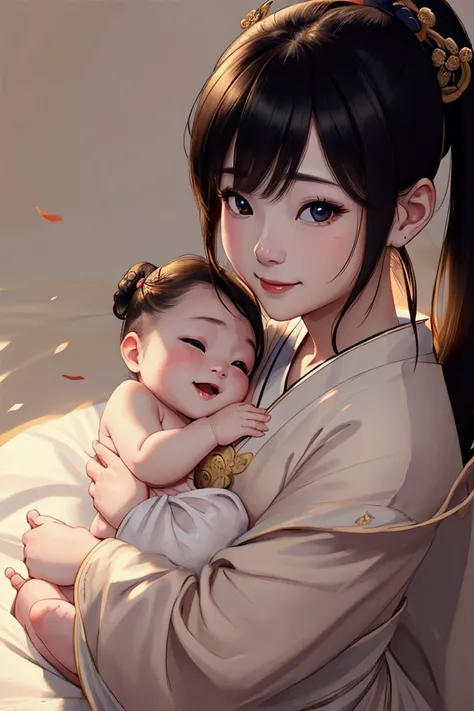 A baby born in the Edo period、Smiling expression、Stunning lighting、Photorealistic、8k、Super fine、masterpiece、Hyperrealistic、Stunning colors、Dramatic Shadows、Perfect Skin、Soft Focus、