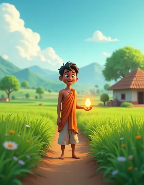 In cinematic 3d cartoon style ""A rural Indian village with a simple, hardworking farmer standing proudly in a lush green field. The field, once barren, is now thriving with crops. In the farmers hand, there is a small, glowing stone that he found in the f...