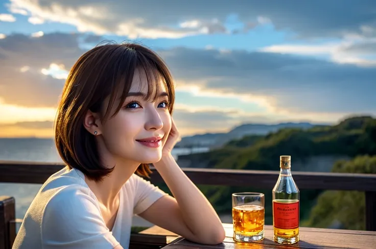 (Realistic, 超Realistic:1.4), 16k hdr, High resolution,Brown short hair,The best smile、Japanese actress,Super Beauty(Like the real thing),Short sleeve dress,Whiskey bottles、The Macallan、Johnnie Walker、、Old Parr、whiskey、Suntory、Nikka、Slim Couple、Model Couple...