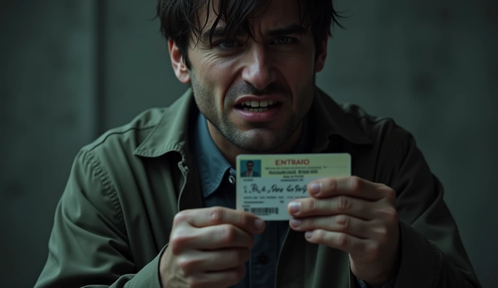 A man in shock looking at an id card.