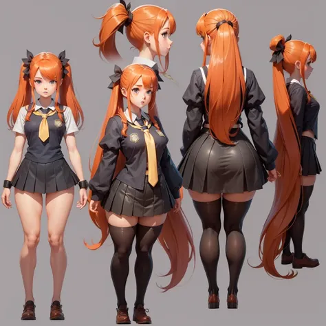 character turnaround sheet, , a school girl, ginger hair in twintails, , thic thighs, stockings
