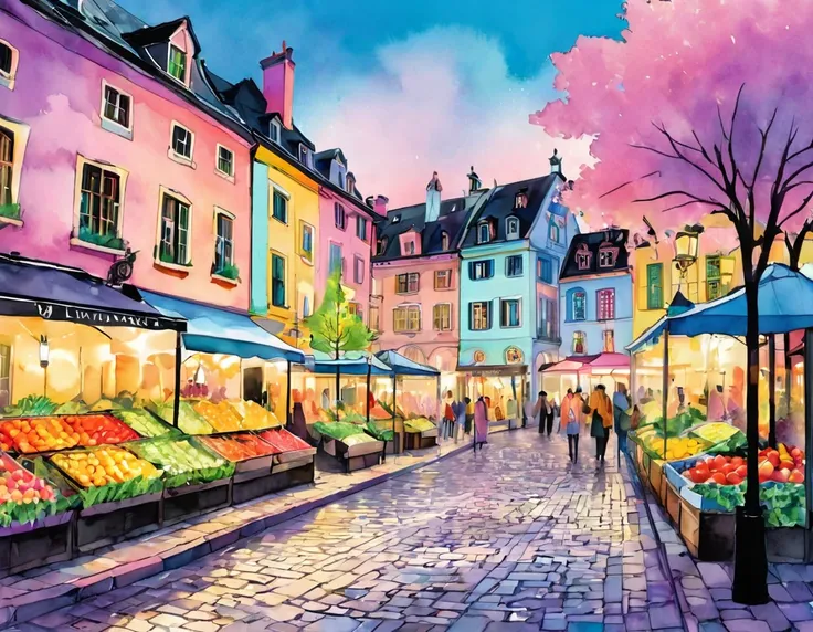 create an illustration of a charming european village square in a surrealist watercolor style, with dominant pastel colors and h...