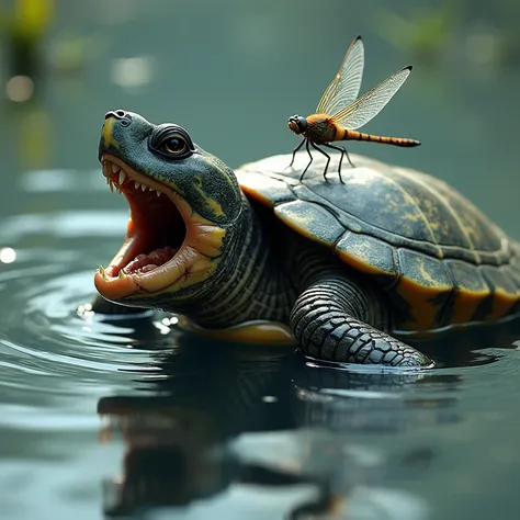 create a hyperrealistic image of a turtle remove the full head and open the mouth. dragonfly on his nose. water surface background. complex focus