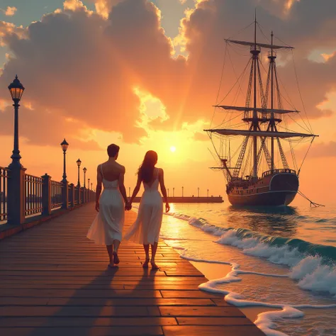 summer pier，Summer evening，pier，Couples strolling hand in hand，The figure is lengthened by the sunset，Old sailing ship