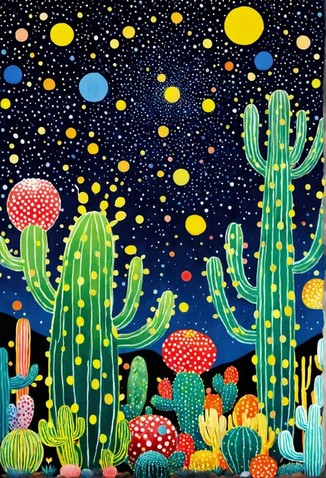 blue starry sky、neon，cactus，firefly、eye、dreamy colors，illustration style（artists can refer to yayoi kusama）