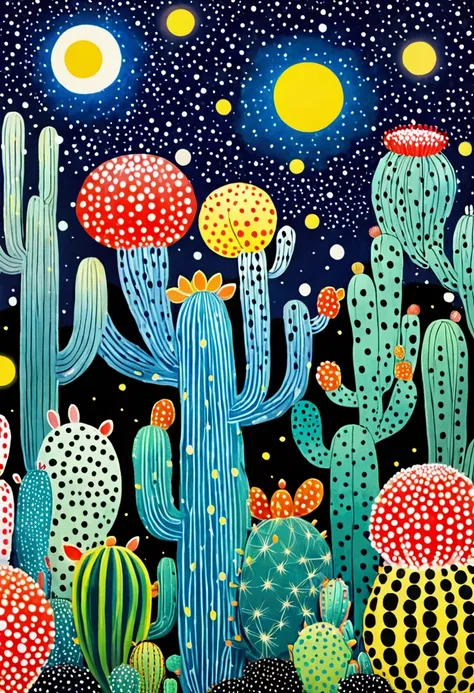 blue starry sky、neon，cactus，firefly、eye、dreamy colors，illustration style（artists can refer to yayoi kusama）