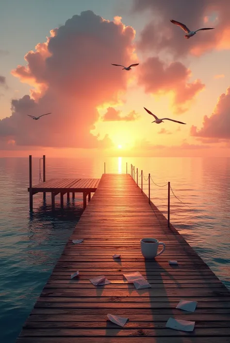 ((best quality, highly detailed)), Ultra Highres, cinematic lighting, photorealistic. A long wooden pier stretches out into the calm, crystal-clear ocean, bathed in the golden light of the setting sun. The warm rays cast long, soft shadows across the weath...