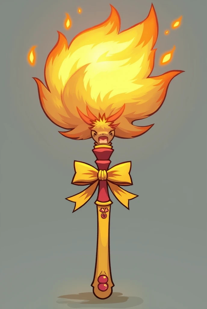 A cute little staff with a yellow handle mixed with a little red. There is a yellow and red bow on the handle. On top is a prominent golden yellow nine-tailed fox fur with flames. 