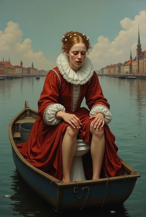 Queen elisabeth when she s 25 years on a water closet in a small boat, its a small boat with no roof she is sitting on the toilet , she has a bucket in the hand, she seem sick and she split inside the bucket.. background its riga city