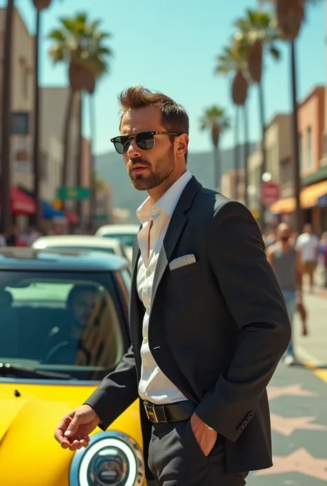 young manly man movie star looks in surprise   at the  yellow Mini Cooper passing  at the Hollywood Walk of Fame at hot sunny day