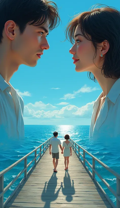 Super realistic Illustration, The official poster for the film. It depicts a summer pier and two people. (The top of the poster depicts a close-up of the face of a young man who looks as if he is about to cry, reaching his right hand out to the hair of a w...