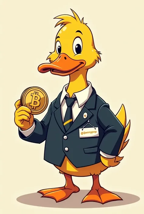 Yellow male Duck in Suit with crypto coin and write @Pennypop on Nametag