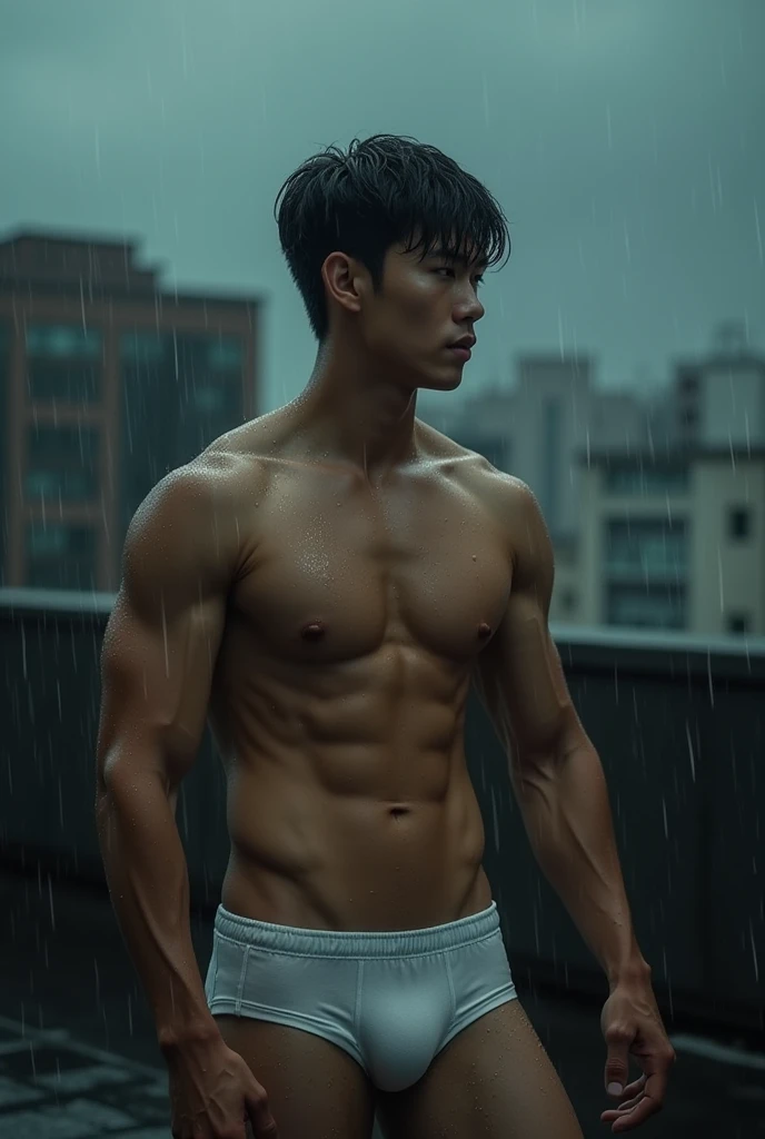 Handsome Asian guy, cute, standing on the rooftop, wearing white pants, thin fabric, no shirt, dark atmosphere, rain, wet body 
