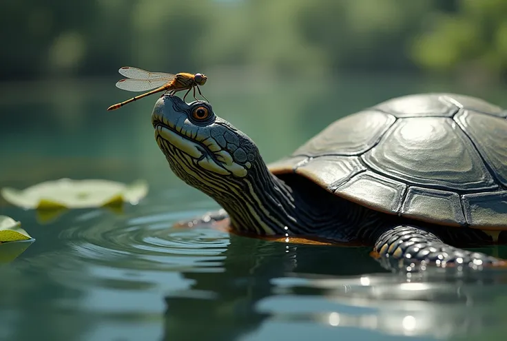 create a hyperrealistic image of a turtle remove the full head above and dragonfly on his nose. water surface background. complex focus around