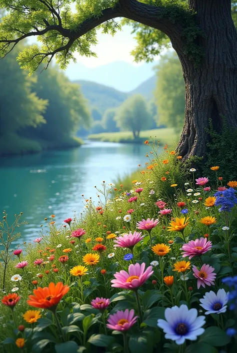 "Several wildflowers are blooming at the base of a tree in a certain location. The area is set against the backdrop of a beautiful river.
Draw this scene from a close-up perspective, with an emphasis on perspective, space, and color."

This version specifi...