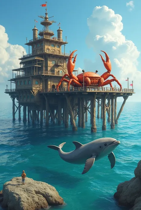 Fantasy, hyper intricate pier, Multi-structure, not in Summer (pier:1.3), pier made by wood, dolphin in sea, gigantic crab,