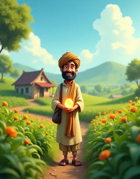 In cinematic 3d cartoon style ""A rural Indian village with a simple, hardworking farmer standing proudly in a lush green field. The field, once barren, is now thriving with crops. In the farmers hand, there is a small, glowing stone that he found in the f...