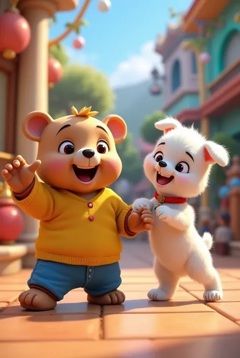 In cinematic 3d style,,Charector;A cartoon bear bholu character, with a large round face large eyes, expression simple,The bear is dressed in a yellow shirt, and blue pants
Charector 2; white Pappy.
Action;Bholu started dancing by raising one leg and Puppy...