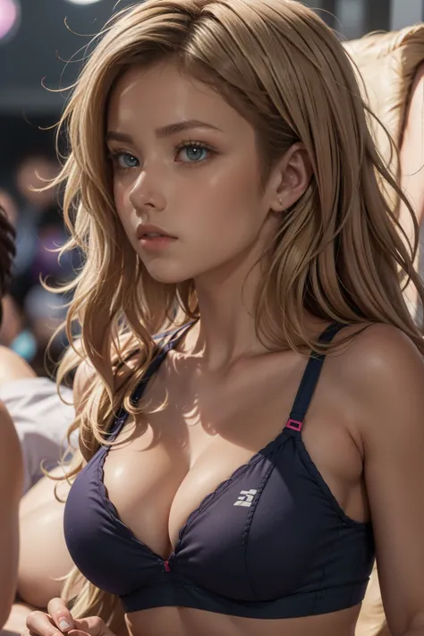 (((ultra realistic))), photo, (masterpiece, best quality trending on artstation), (wavy medium blonde hair:1.2), (detailed bright blue eyes:1.1), detailed hair, (focus on face and massive cleavage:1.2), (detailed skin and pores:1.3), (focus on large breast...