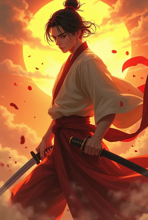 Image of yoriichi from demon slayer using sun breathing using a katana young