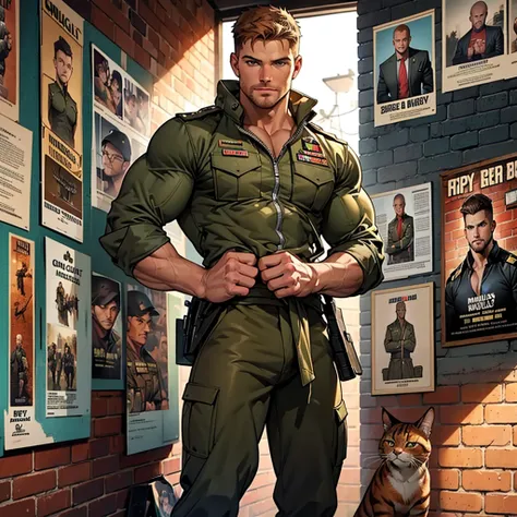 32k, high quality , detailed face , detailed hands , detailed muscles , stephen amell standing and  posing  as a military man ,standing with spread legs, showing his muscles  HOLDING A HANDSOME GINGER CAT IN HIS HANDS, ((background brick wall with lot of a...