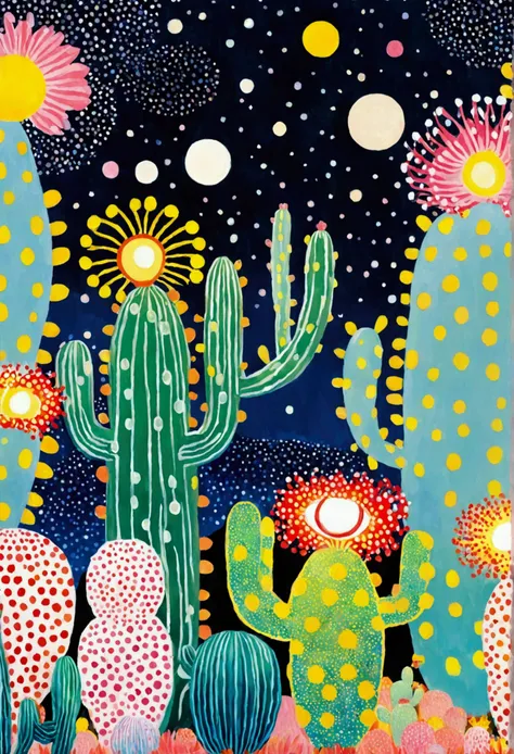 line，dot，blue starry sky、neon，cactus，firefly、eye、dreamy colors，illustration style（artists can refer to yayoi kusama）pink