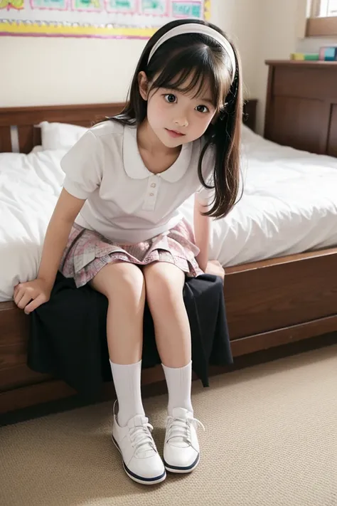 Elementary student, Maid,lolita . short skirt,princess baby face, cute,Beautiful full picture ,Sit down, 1st grade elementary school,Full Shot, bed, shoes,