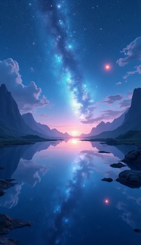 High quality masterpiece, landscape, 地面にreflectionする空, Bright starry sky. Beautiful sky, The entire lower half is showing the sky, Pixiv, Concept Art, Lofi Art style, reflection. by makoto shinkai, Lofi Art, Beautiful anime scene, break Anime landscape, de...