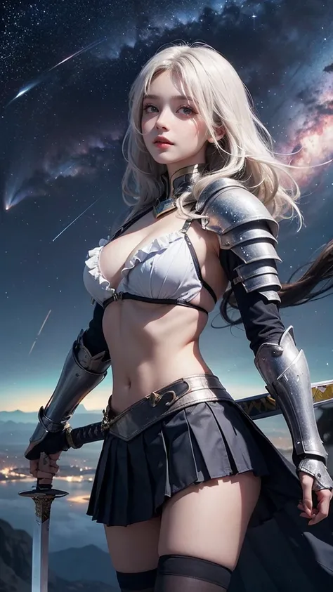 ((masterpiece)), (((best quality))), ((ultra-detailed)), ((illustration)), ((disheveled hair)), beautiful detailed eyes, (1girl:1.2),(solo),((( A woman holding a Great Sword, Chrysaor ))) dynamic angle, (( A woman wearing bikini knights armor)), (black kne...