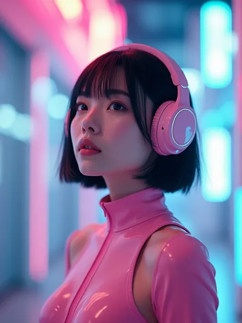 from below, Japanese woman, pretty face, short cut hair, bangs, black hair, bangs, blurred background, blur, background is future disco , chromatic aberration, knee high, looking up, motion blur, Photo_Curly, pink future robot armor , pink future robot wir...