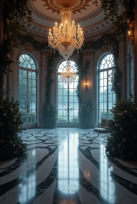 The ballroom, illuminated by crystal chandeliers, features black and white velvet walls. The polished marble floor reflects a mist like a lake, while large windows frame the night view of the lake with swans. The dance floor, surrounded by columns and dark...