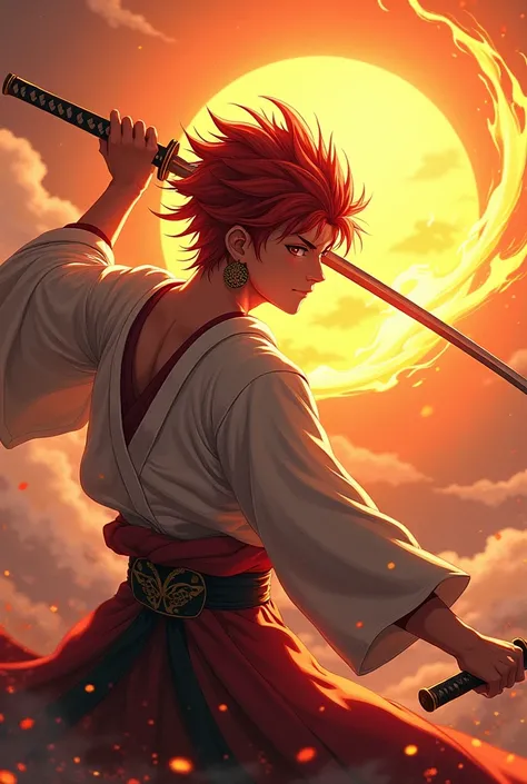 Image of yoriichi from demon slayer using sun breathing using a katana young red hair hanafuda earings view from behind