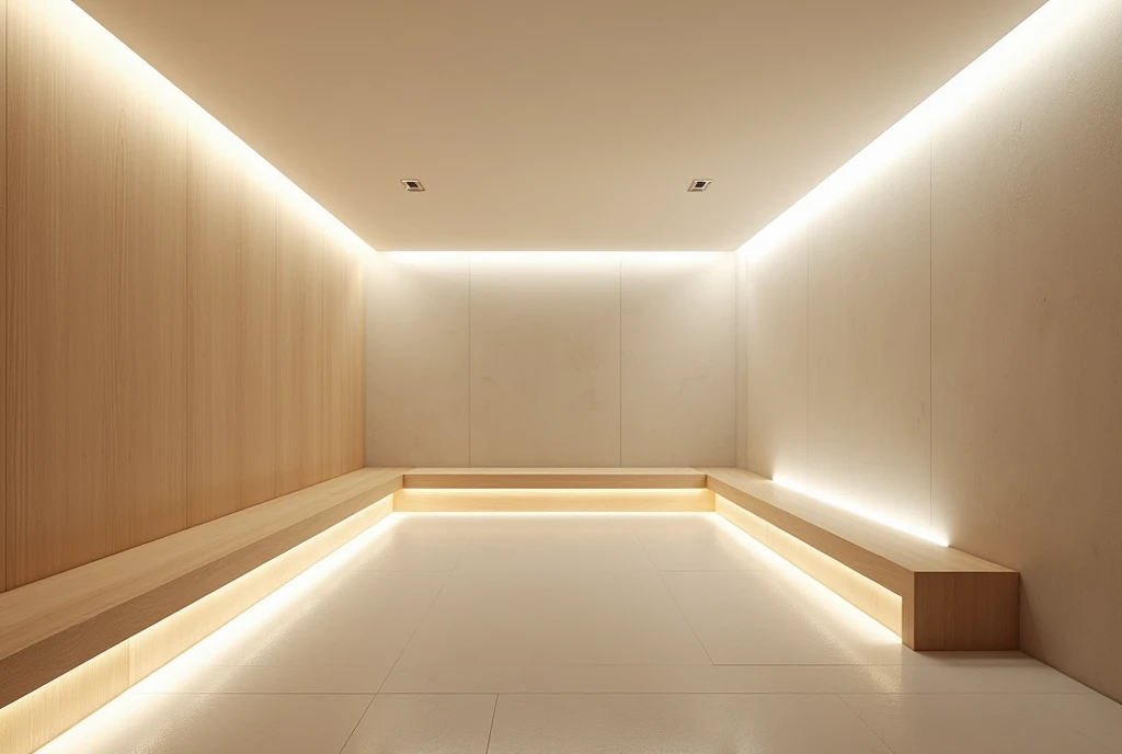 Minimalism PRAY room interior design, white led lights under furniture, Russian oak furniture, minimalism design style, minimalist snacking, holy terrace, concrete effect wall, white ceiling