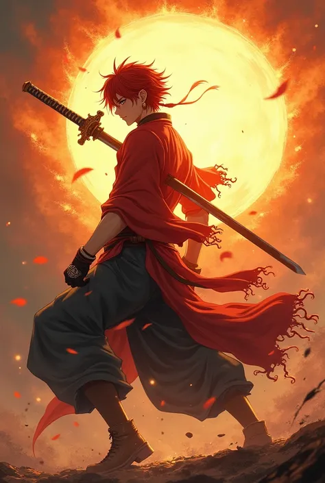 Image of yoriichi from demon slayer using sun breathing using a katana young red hair hanafuda earings view from behind from demon slayer 