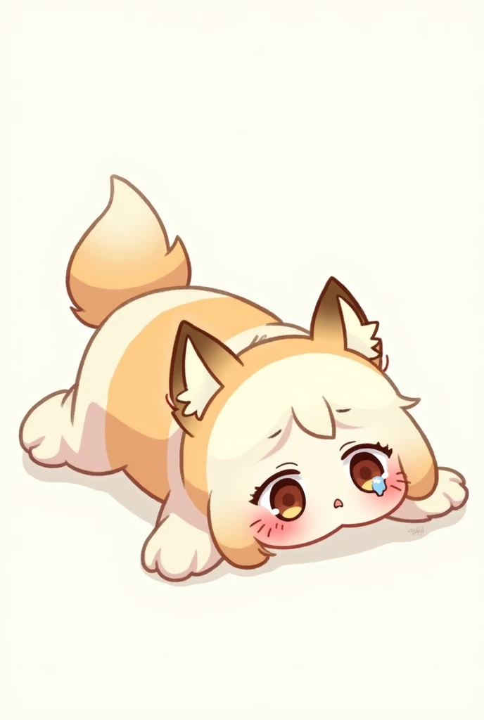 Lying face down with arms and legs stretched out,Tears from the eyes, Cute expression,White and brown fur,Tail points up, Blushing, comics, Cute atmosphere, No background,Right facing, Illustrations Accurate, Textured skin, 