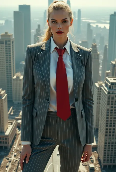 1 woman beautiful curves a massive thighs blonde ponytail red lips wearing a perfect form fitting grey pinstriped trouse suit and blazer with a ((large blade width and  massive windosr knot crimson red tie, tied up to tigh up to and fill the large collar o...