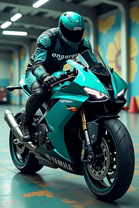 turquoise black motorcycle,yamaha motorcycle,angarage text on suit,ankara in background,full body,anime,manga,