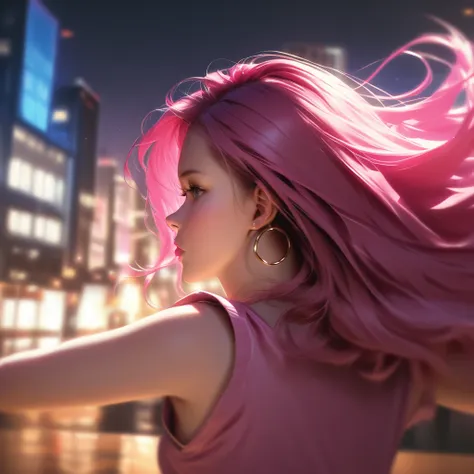 A woman with long wavy pink highlighted hair, sleeveless pink top, gold hoop earrings, natural skin tone, soft skin, outdoor urban setting with tall buildings, natural top-down lighting, soft shadows, vibrant and lively atmosphere, rear view, shallow depth...