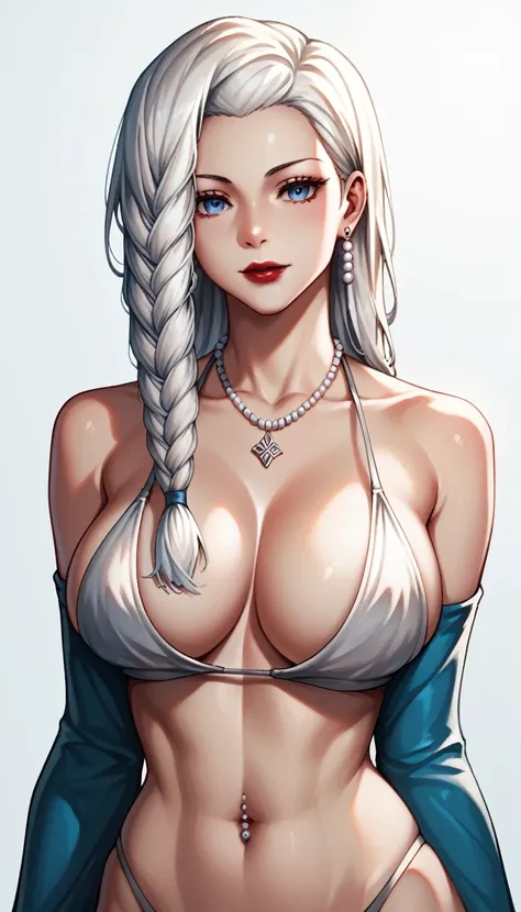 score_9, score_8_up, score_7_up, score_6_up, score_5_up, score_4_up, mei mei , blue eyes, white hair braid, large breast, necklace,long pearl earrings ,red lipstick , detailed eyes ,navel piercing , wearing indian traditional saree