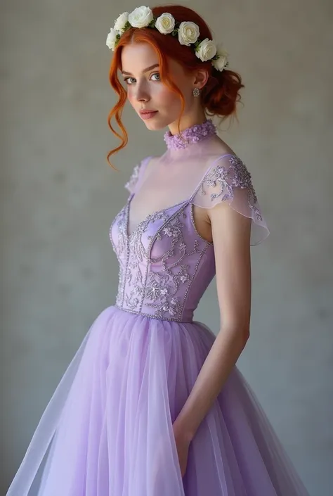 Redhead model in a designer dress, cut "A" Made of light and fluid fabric that highlights your figure without being excessively bulky. Lavender color that perfectly complements your hair, Subtle beading details in flower-shaped embroidery on the bodice wou...