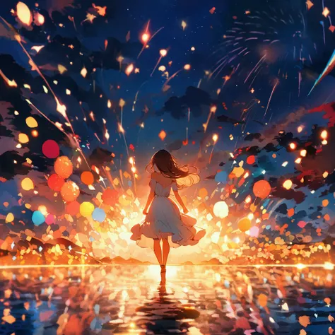 A stunning 8K RAW masterpiece, the FIREWorks like a Glitter Splash captures the beauty of space, Girl in white dress, Spectacular aerial fireworks, The fisheye lens effect creates a festival atmosphere.((Uyuni salt lake))