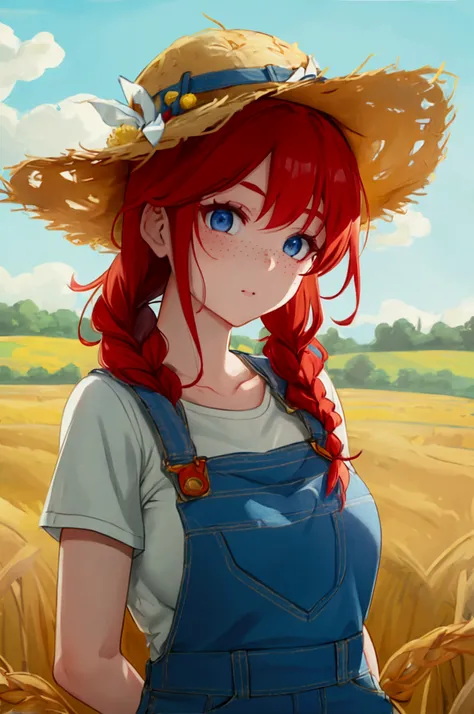 Ann, Harvest Moon, fair skin, freckles, blue eyes, red hair, braid, white ribbon, yellow t shirt, denim overalls shorts, full body, G cup breast size, on a farm