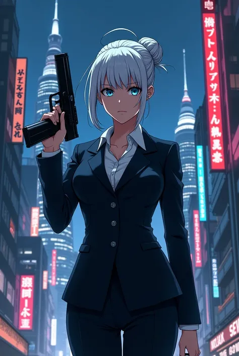 serious girl, in a business suit, with white hair gathered in a bun, light blue eyes, with a gun in her hands against the background of dark Tokyo anime style drawing 