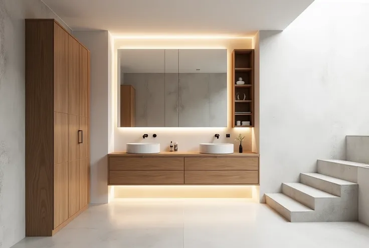 Minimalism bathroom interior design, white led lights under furniture, Russian oak furniture, minimalism design style, minimalist snacking, holy terrace, concrete effect wall, white ceiling