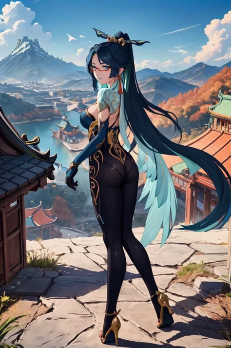 1 woman, solo, looking at viewer, xianyun, from behind, gorgeous, (perfect eyes:1), beautiful eyes, beautiful face, (perfect face:1.3), Ultra-detailed face, (detailed face:1.3), (perfect ass:1), sexy face, very long hair, ponytail, hair ornament, semi-riml...