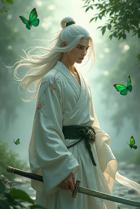 The action takes place in the world of Jianhu, where white long hair young male asian face handsome ninja in white robe, embroidered with red thread
, The eyes are golden , wild hair , sad smile , full height ,around the estate , overcast sky ,green butter...