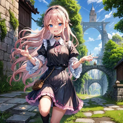 Pink Blonde、blue eyes、Wavy Hair、Hair tied up、Two cute、Checked mini skirt、Black T-shirt、Black knee-high socks、Headband、Teeth are visible、Monster Castle、Tilting face、grass、In front of the city gates、Underground tunnels、Iron suspension bridge、The stone is cra...