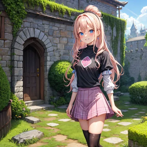 Pink Blonde、blue eyes、Wavy Hair、Hair tied up、Two cute、Checked mini skirt、Black T-shirt、Black knee-high socks、Headband、Teeth are visible、Monster Castle、Tilting face、grass、In front of the city gates、Underground tunnels、Iron suspension bridge、The stone is cra...