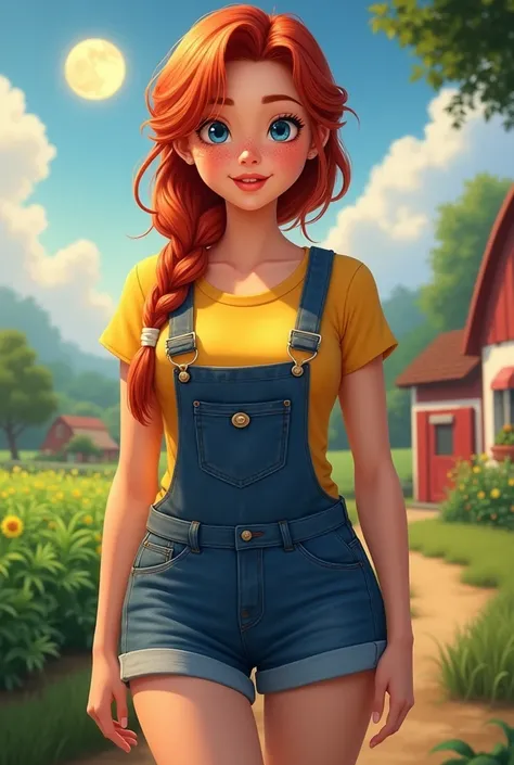 Ann, Harvest Moon, fair skin, freckles, blue eyes, red hair, braid, white ribbon, yellow t shirt, denim overalls shorts, full body, G cup breast size, on a farm